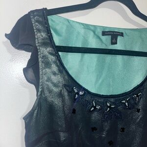 Banana republic black shirt, sea blue silk underlining, beading along neckline